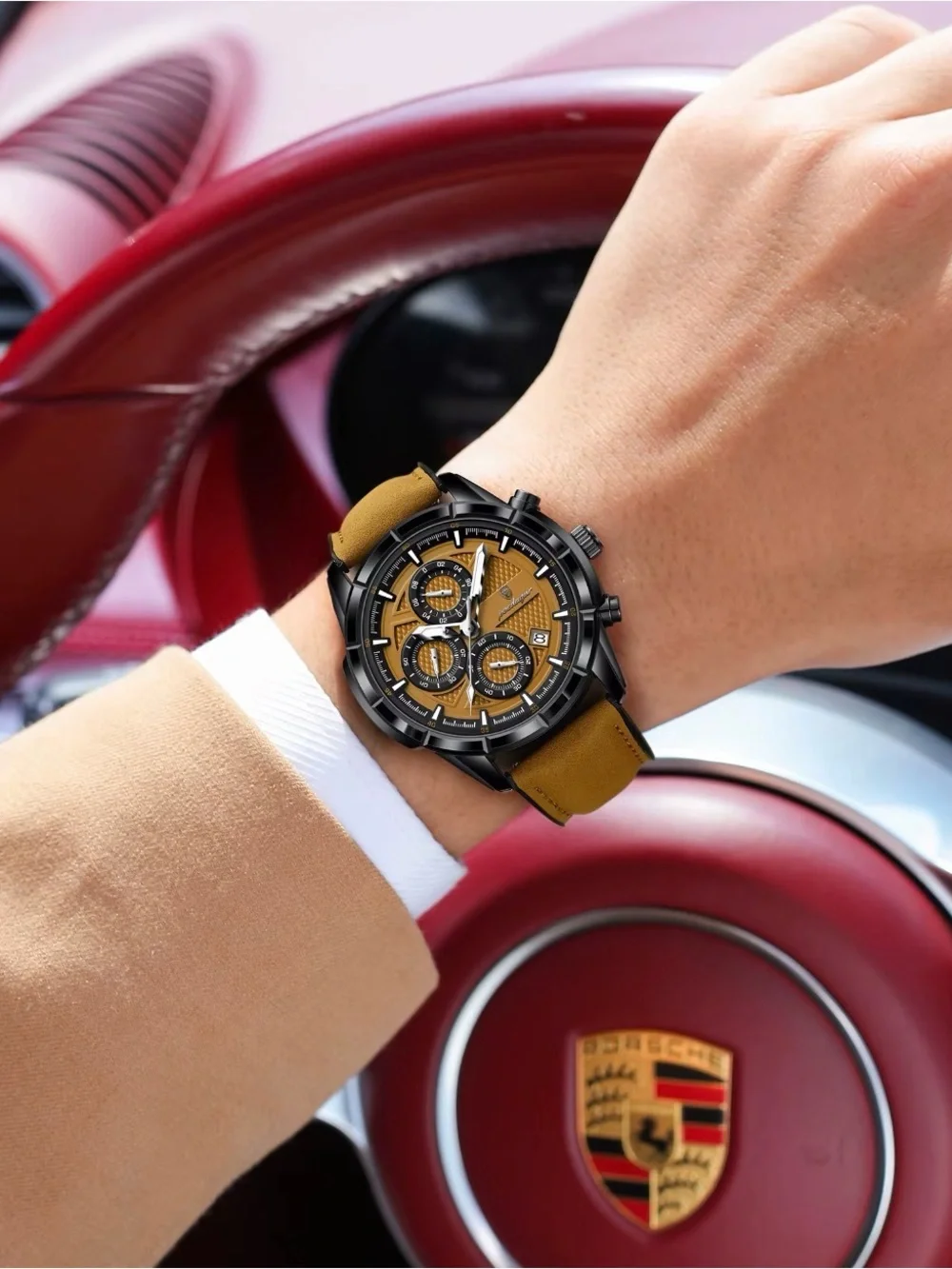 Luxury Sports Chronograph Quartz Watch Genuine Leather Strap Waterproof Watch
